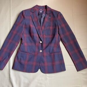 Tommy Hilfiger Navy Burgundy Tartan Plaid Blazer Elbow Patches Size 0
